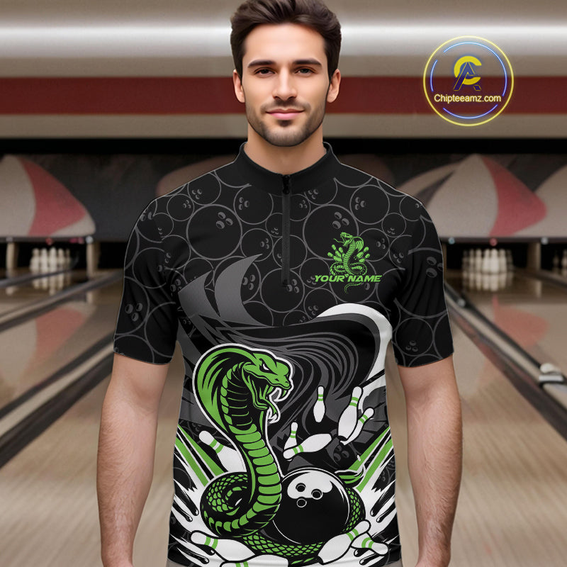 Custom Black And Green Cobra Snake Bowling Quarter-Zip Shirts For Men, Cobra Bowling Team Shirt IPHW9701