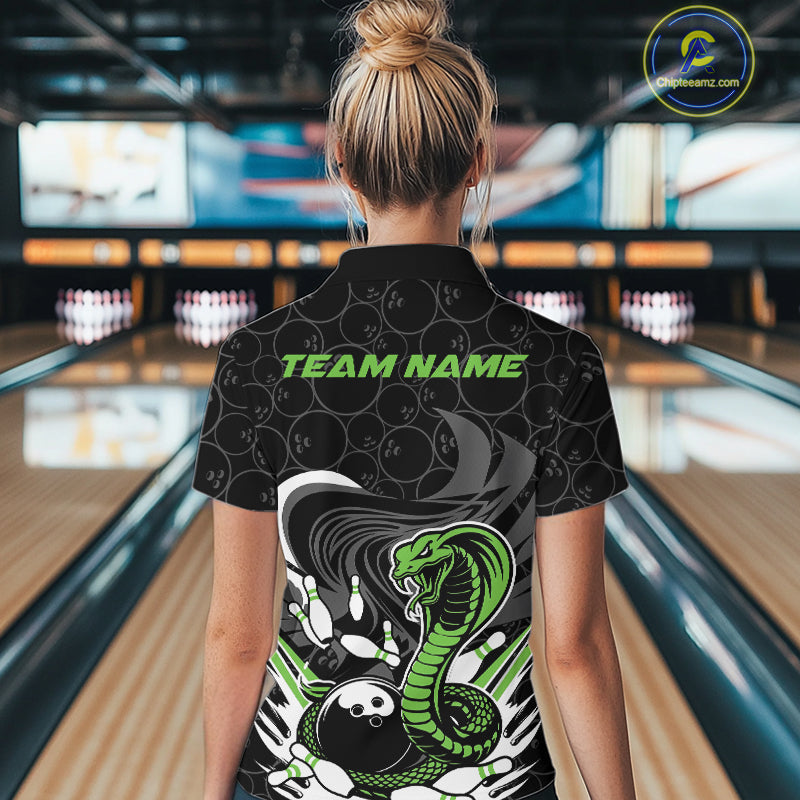 Custom Black And Green Cobra Snake Bowling Women Quarter-Zip Shirts, Bowling Team Shirt IPHW9701
