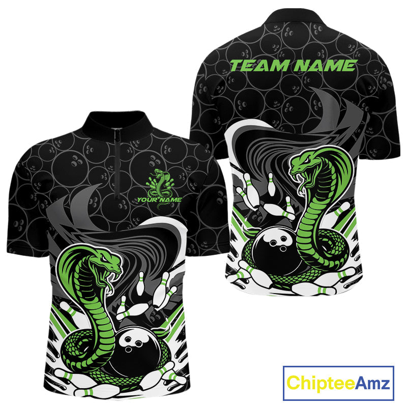 Custom Black And Green Cobra Snake Bowling Quarter-Zip Shirts For Men, Cobra Bowling Team Shirt IPHW9701