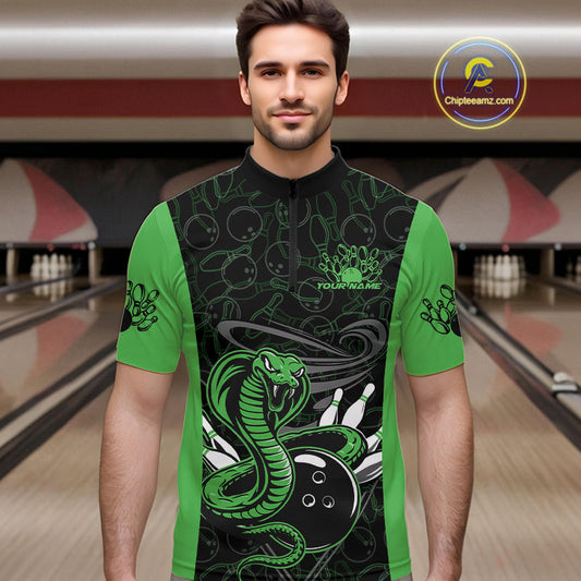 Custom Green Cobra Snake Bowling Team Men Quarter-Zip Shirts, Bowling Pattern Shirt IPHW9704