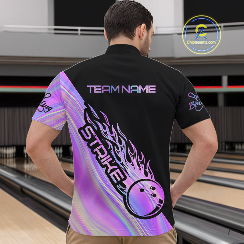 Custom Hologram Flame Strike Bowling Quarter-Zip Shirts For Men, Bowling Team Bowler Outfit IPHW9858