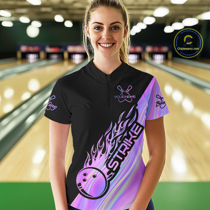 Custom Hologram Flame Strike Bowling Women Quarter-Zip Shirt, Bowling Team Bowler Outfit IPHW9858