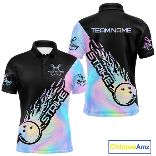 Custom Hologram Flame Strike Bowling Polo Shirts For Men, Bowling Team Bowler Outfit IPHW9859