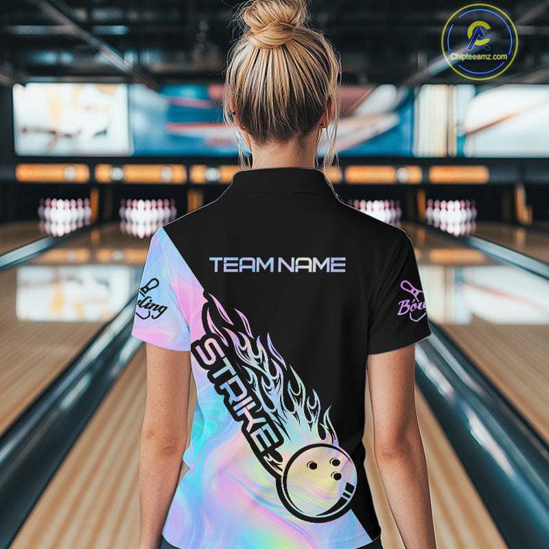 Custom Hologram Flame Strike Bowling Women Quarter-Zip Shirt, Bowling Team Bowler Outfit IPHW9859