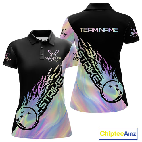 Custom Hologram Flame Strike Bowling Polo Shirts For Women, Bowling Team Bowler Outfit IPHW9860