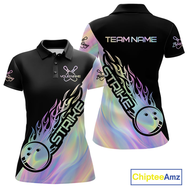 Custom Hologram Flame Strike Bowling Polo Shirts For Women, Bowling Team Bowler Outfit IPHW9860
