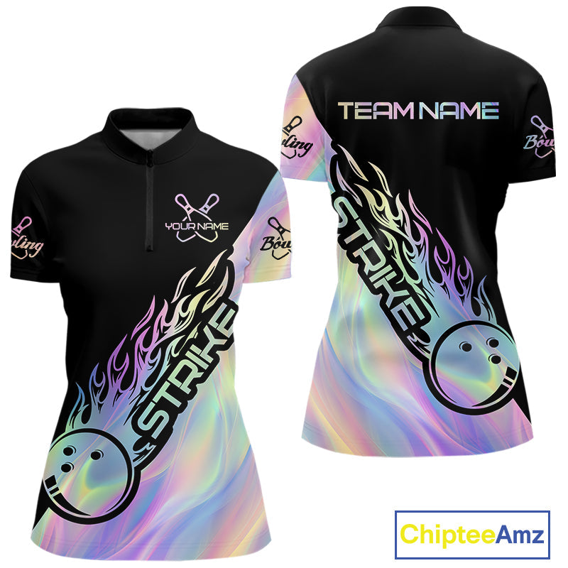 Custom Hologram Flame Strike Bowling Women Quarter-Zip Shirt, Bowling Team Bowler Outfit IPHW9860