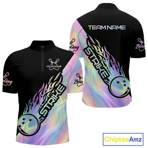 Custom Hologram Flame Strike Bowling Quarter-Zip Shirts For Men, Bowling Team Bowler Outfit IPHW9860