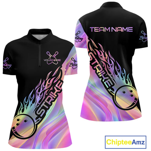 Custom Hologram Flame Strike Bowling Women Quarter-Zip Shirt, Bowling Team Bowler Outfit IPHW9861