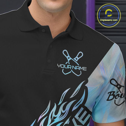 Custom Hologram Flame Strike Bowling Men Polo Shirt, Holographic Icy Crystal Bowling Shirt IPHW9862