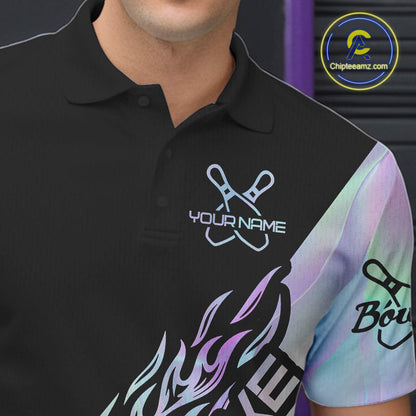 Custom Hologram Flame Strike Bowling Men Polo Shirt, Holographic Icy Crystal Bowling Shirt IPHW9863