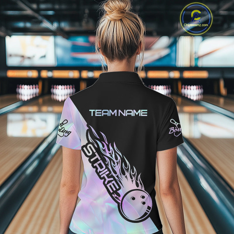 Custom Hologram Flame Strike Bowling Women Polo Shirt, Icy Crystal Bowling Shirt IPHW9863