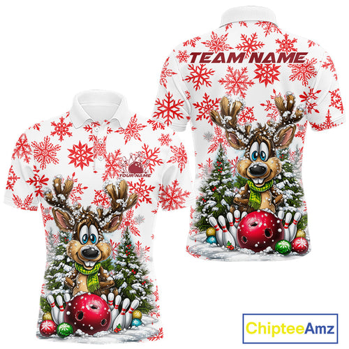 Custom Cute Funny Reindeer Christmas Bowling Men Polo Shirts, Xmas Team Bowling Shirt IPHW10113