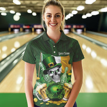 Load image into Gallery viewer, Custom Irish Flag St Patricks Day Bowling Polo Shirts For Women, Skull Leprechaun Bowling IPHW8594