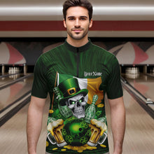 Load image into Gallery viewer, Custom Irish Flag St Patricks Day Bowling Quarter-Zip Team Shirts For Men, Skull Leprechaun Bowling IPHW8594