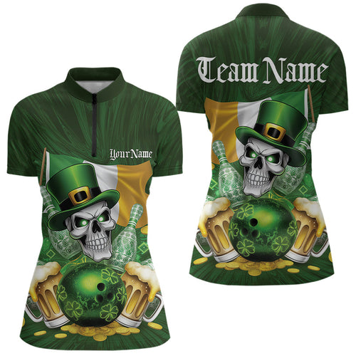 Custom Irish Flag St Patricks Bowling Quarter-Zip Shirt For Women, Skull Leprechaun Bowling IPHW8594