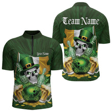 Load image into Gallery viewer, Custom Irish Flag St Patricks Day Bowling Quarter-Zip Team Shirts For Men, Skull Leprechaun Bowling IPHW8594