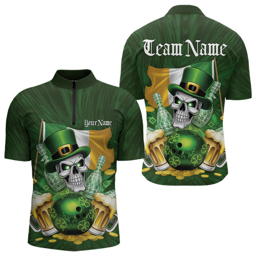 Custom Irish Flag St Patricks Day Bowling Quarter-Zip Team Shirts For Men, Skull Leprechaun Bowling IPHW8594