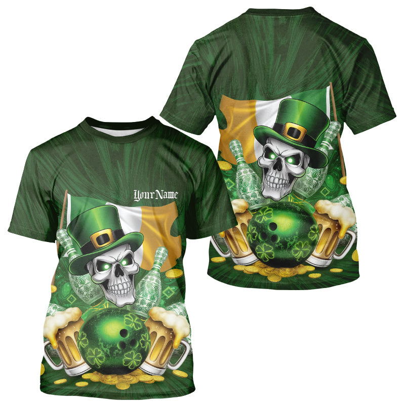 Custom Irish Flag St Patricks Day Bowling T-Shirts Men T-Shirts, Skull Leprechaun Bowling IPHW8594