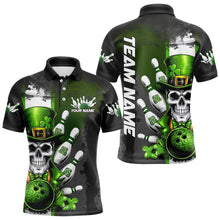 Load image into Gallery viewer, Custom Black And Green Lucky Clover St Patricks Day Skull Bowling Team Polo Shirts For Men IPHW8597