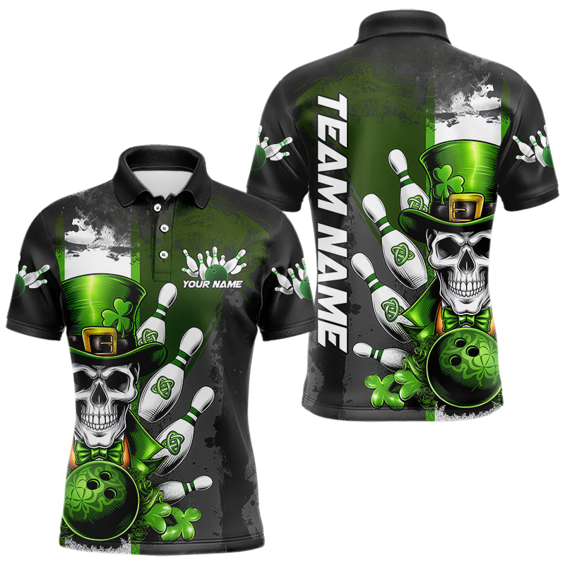 Custom Black And Green Lucky Clover St Patricks Day Skull Bowling Team Polo Shirts For Men IPHW8597