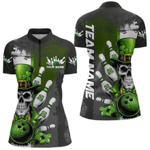 Load image into Gallery viewer, Custom Black And Green Lucky Clover St Patricks Skull Bowling Team Womens Quarter-Zip Shirt IPHW8597