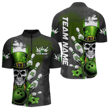 Load image into Gallery viewer, Custom Black And Green Lucky Clover St Patricks Day Skull Bowling Team Quarter-Zip Shirts For Men IPHW8597