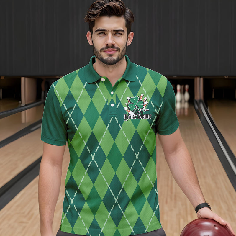 Custom Green Shamprock Saint Patricks Bowling Polo Shirts For Men, Lucky Bowling Team Shirt IPHW8598