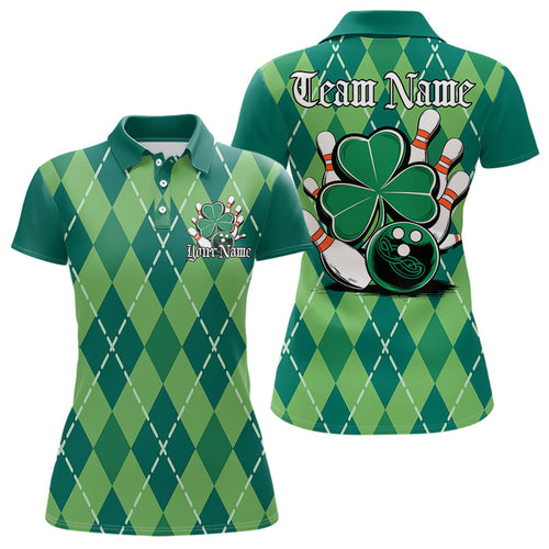 Custom Green Shamprock Saint Patricks Bowling Polo Shirts For Women, Lucky Bowling Shirt IPHW8598