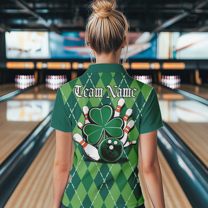 Custom Green Shamprock Saint Patricks Bowling Womens Quarter-Zip Shirt, Lucky Bowling Shirt IPHW8598