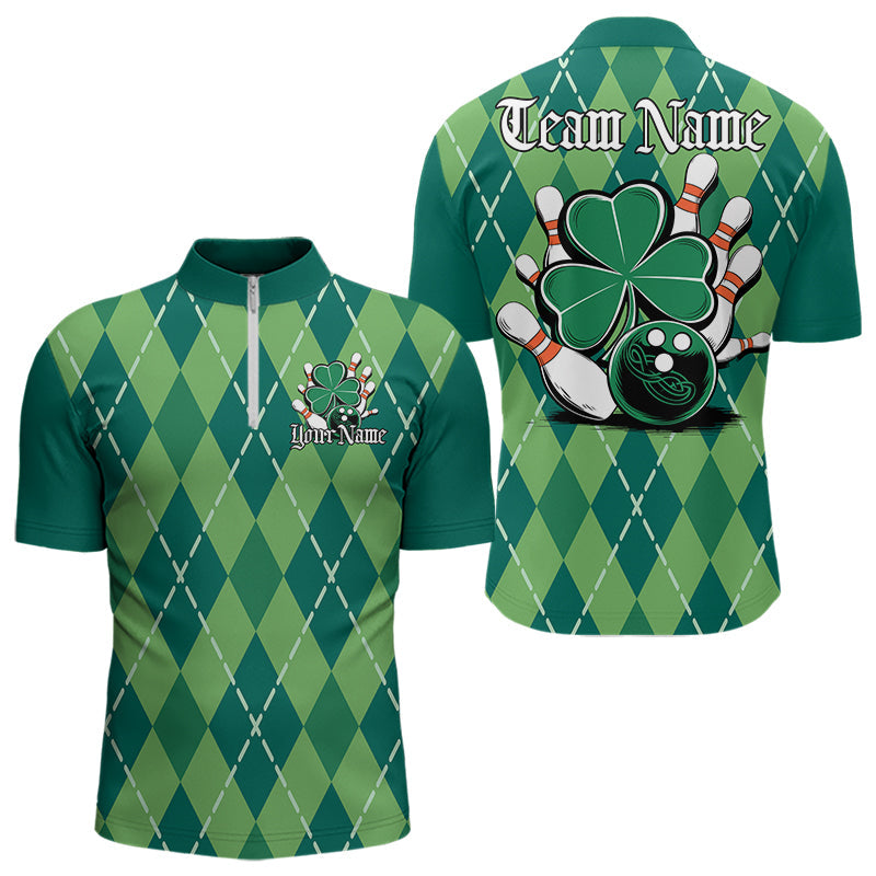 Custom Green Shamprock Saint Patricks Bowling Quarter-Zip Shirts For Men, Lucky Bowling Team Shirt IPHW8598