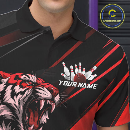 Custom Black And Red Tiger Bowling Team Men Shirt, Bowling League Shirt Bowler Uniform IPHW10775
