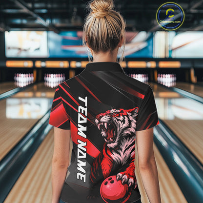 Custom Black And Red Tiger Bowling Team Women Shirt, Bowling League Shirt Bowler Uniform IPHW10775