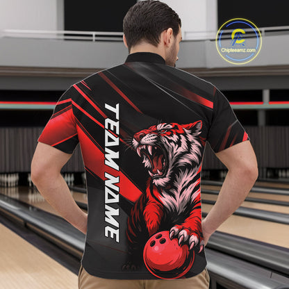 Custom Black And Red Tiger Bowling Team Men Shirt, Bowling League Shirt Bowler Uniform IPHW10775