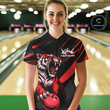 Load image into Gallery viewer, Custom Black And Red Tiger Bowling Team Women Shirt, Bowling League Shirt Bowler Uniform IPHW10775