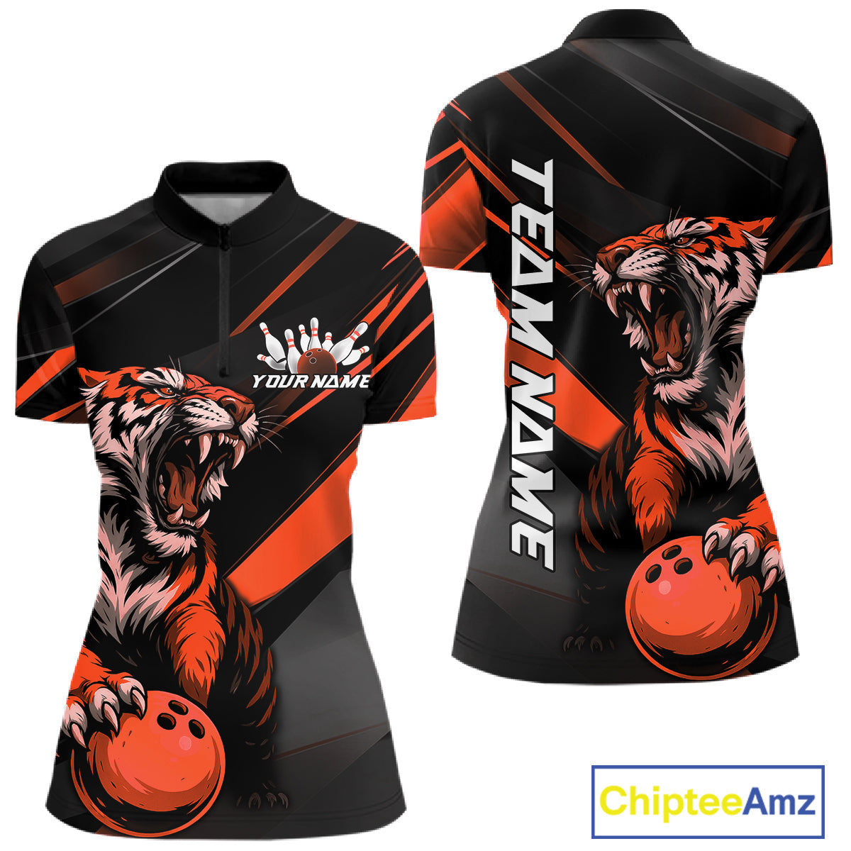 Custom Black And Orange Tiger Bowling Women Shirt, Bowling League Shirt Bowler Uniform IPHW10776