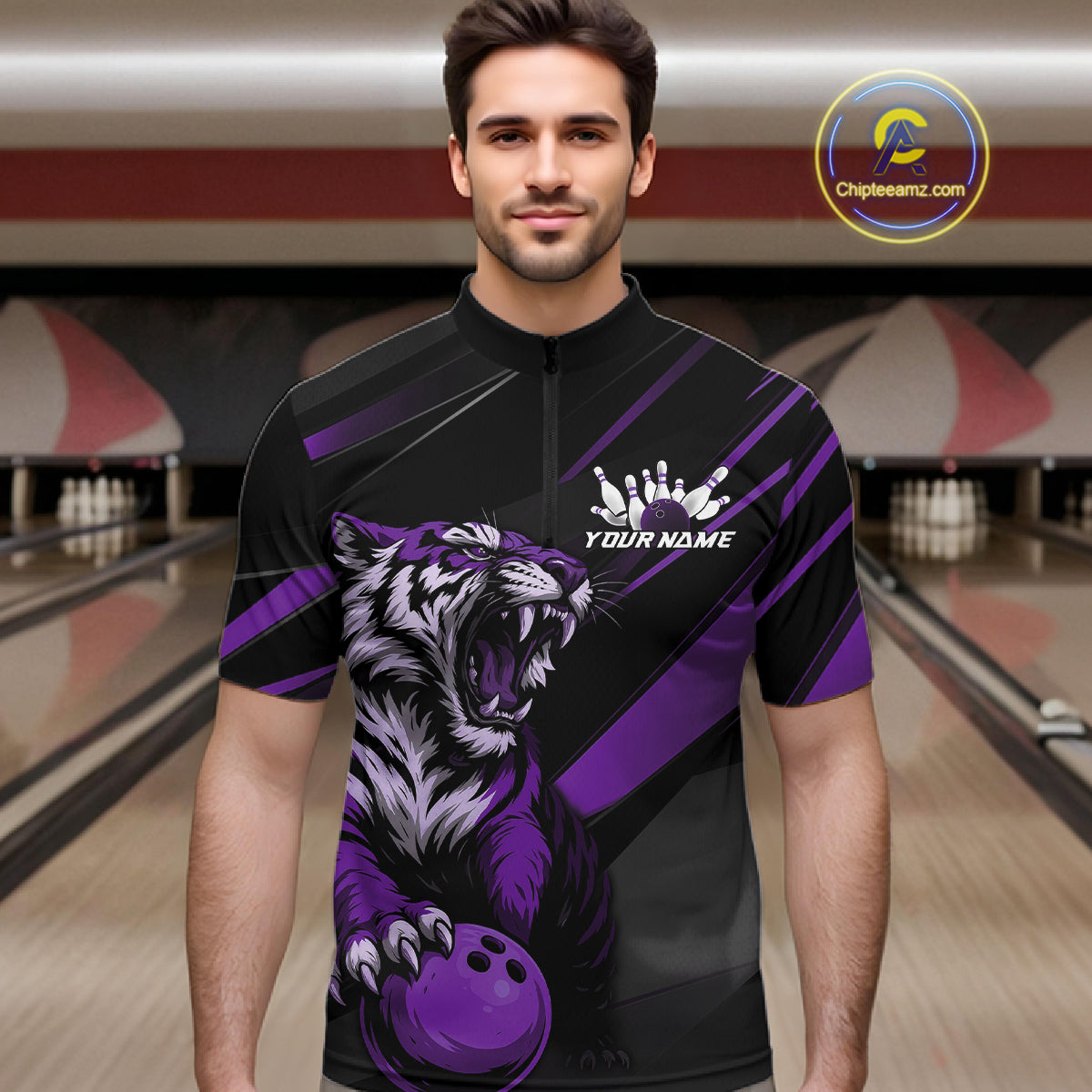 Custom Black And Purple Tiger Bowling Team Men Shirt, Bowling League Shirt Bowler Uniform IPHW10778