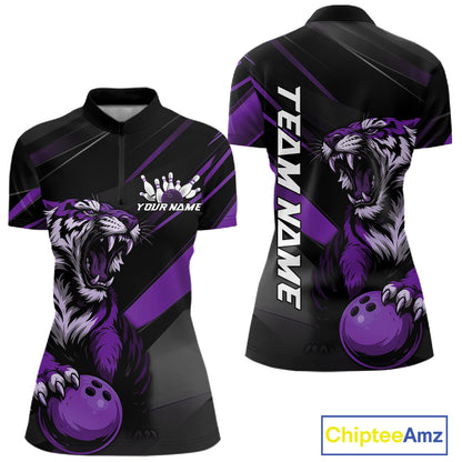 Custom Black And Purple Tiger Bowling Women Shirt, Bowling League Shirt Bowler Uniform IPHW10778
