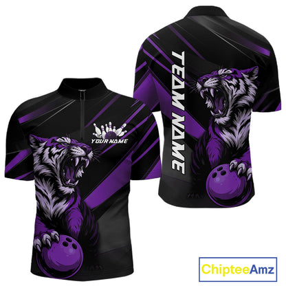 Custom Black And Purple Tiger Bowling Team Men Shirt, Bowling League Shirt Bowler Uniform IPHW10778