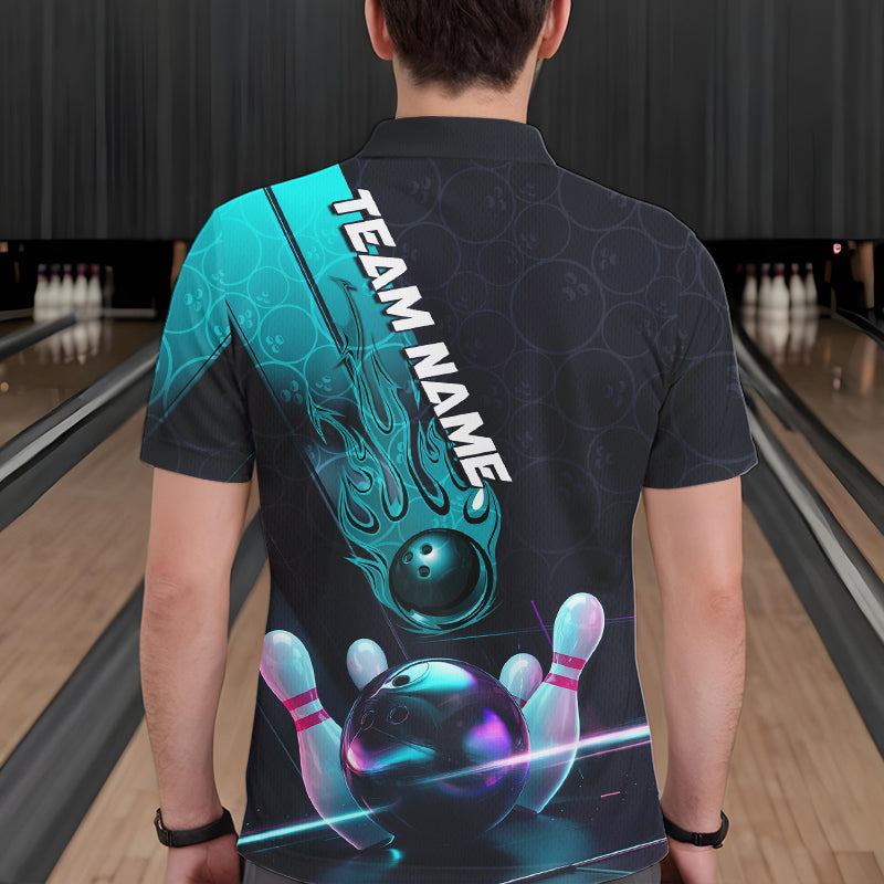 Custom Black And Blue Flame Bowling Polo Shirts For Men, Holographic Bowling League Shirt IPHW8902