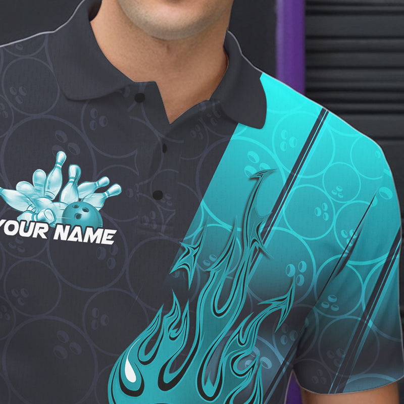 Custom Black And Blue Flame Bowling Polo Shirts For Men, Holographic Bowling League Shirt IPHW8902