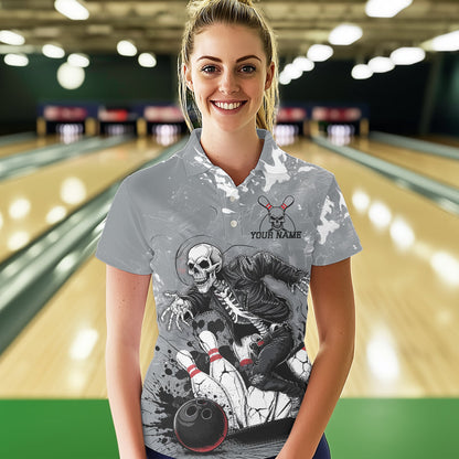 Custom Rock Style Skull Bowling Polo Shirts For Women, Funny Skeleton Bowlers Outfit IPHW8906