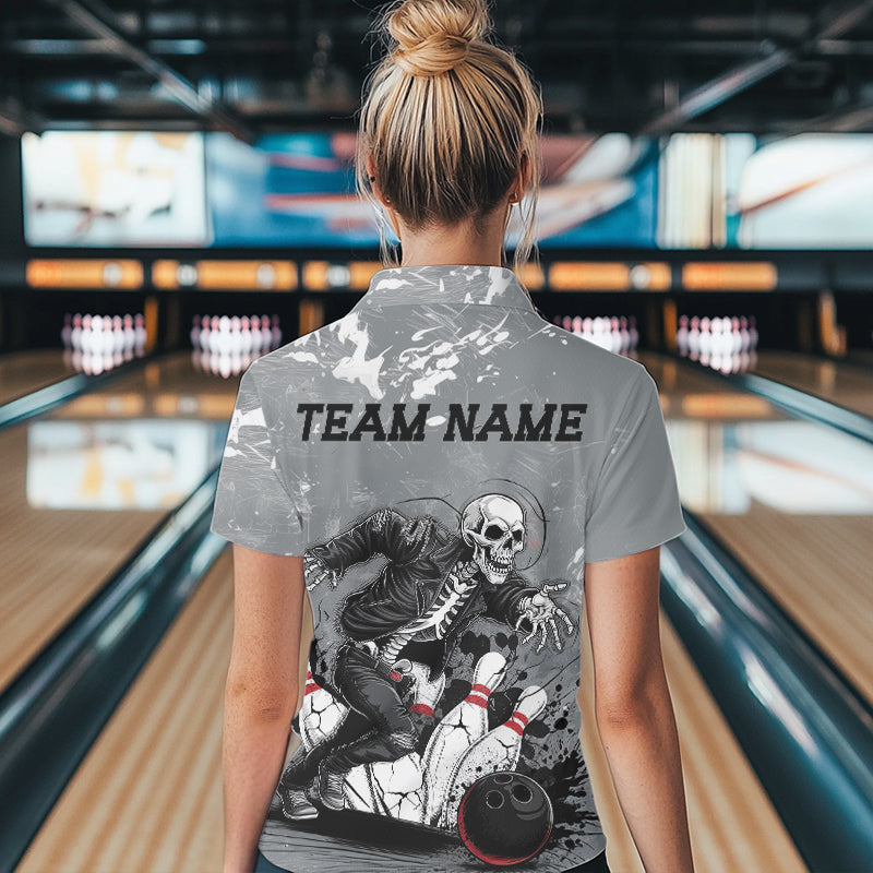 Custom Rock Style Skull Bowling Polo Shirts For Women, Funny Skeleton Bowlers Outfit IPHW8906