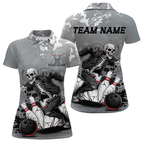 Custom Rock Style Skull Bowling Polo Shirts For Women, Funny Skeleton Bowlers Outfit IPHW8906