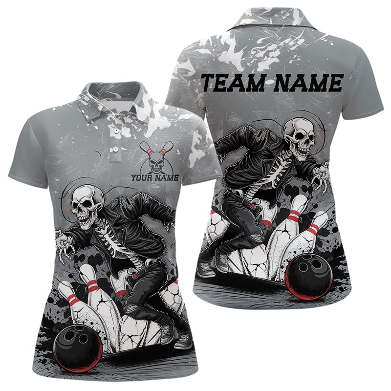 Custom Rock Style Skull Bowling Polo Shirts For Women, Funny Skeleton Bowlers Outfit IPHW8906
