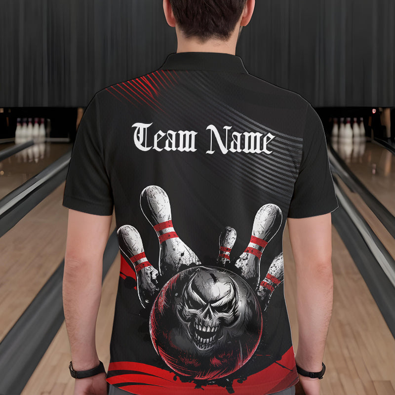 Custom Black And Red Grunge Style Skull Bowling Polo Shirts For Men, Bowling Team Uniform IPHW8907