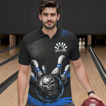 Custom Black And Blue Grunge Style Skull Bowling Polo Shirts For Men, Bowling Team Uniform IPHW8908