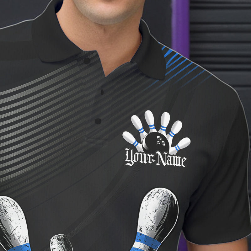 Custom Black And Blue Grunge Style Skull Bowling Polo Shirts For Men, Bowling Team Uniform IPHW8908