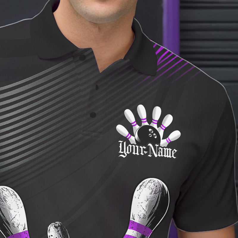 Custom Black And Purple Grunge Style Skull Bowling Polo Shirts For Men, Bowling Team Uniform IPHW8909