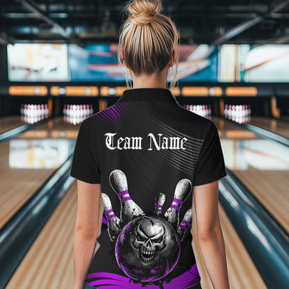 Custom Black And Purple Grunge Style Skull Bowling Women Quarter-Zip Shirts, Team Uniform IPHW8909